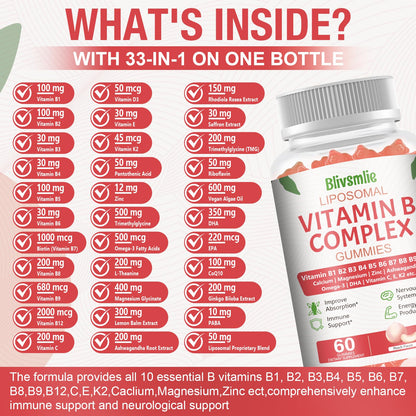 Blivsmlie 2 Pack 33-in-1 Liposomal Vitamin B Complex Gummies -B1, B2, B3, B4, B5, B6, B7, B8, B9,B12 | Vitamin C, D3,K2|Calcium,Magnesiun,Zinc etc.for Energy