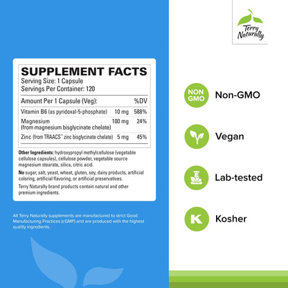 Terry Naturally BioActive Magnesium Complex - Bone & Heart Health Support - Supplement with Vitamin B6, Zinc & Magnesium - Pyridoxal-5-Phosphate Vegan Capsule Supplement - 120 Capsules Terry Naturally buy supplements Au