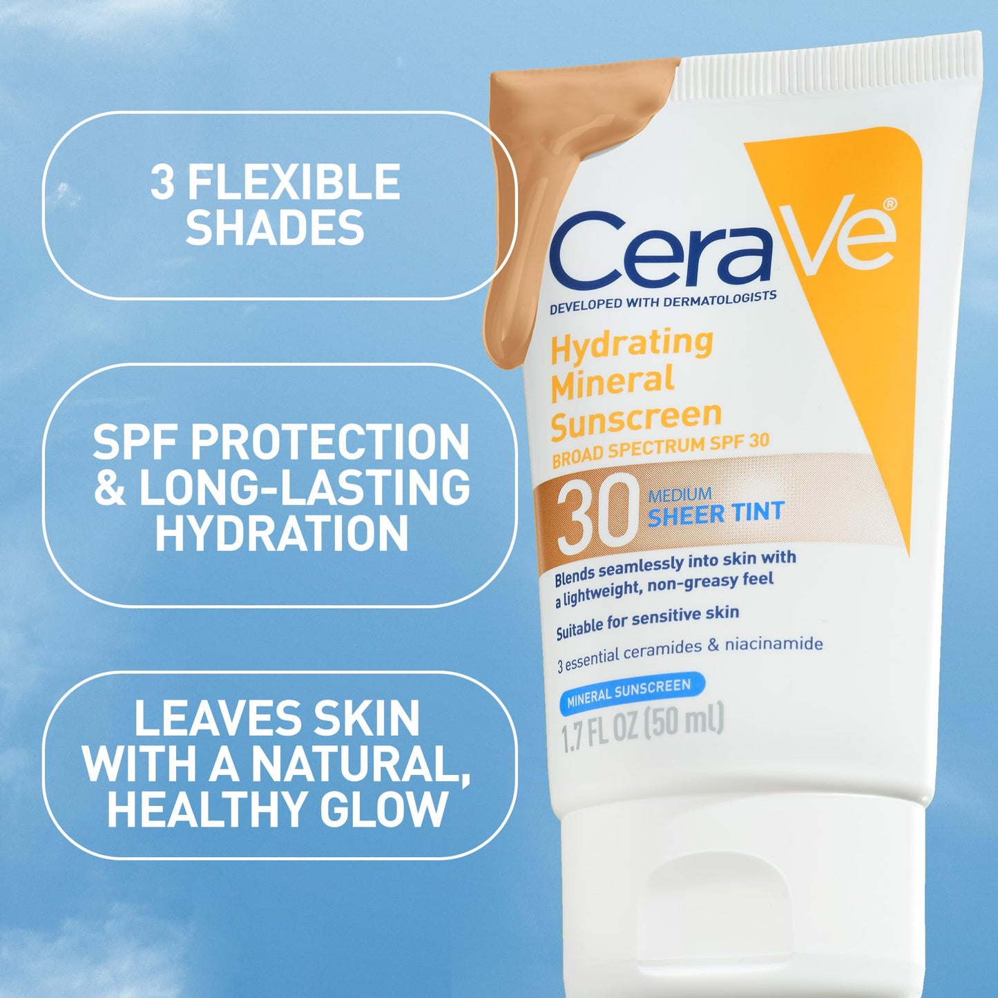 CeraVe Hydrating Mineral Sunscreen SPF 30 with Sheer Tint, Tinted Mineral Sunscreen with Zinc Oxide & Titanium Dioxide