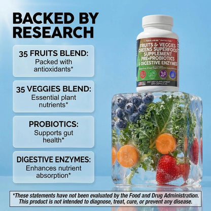 Clean Nutraceuticals Fruits and Veggies Supplement Reds & Green Superfood - Balance of Over 70 Fruit & Vegetable Supplements Capsules with Probiotics Prebiotics