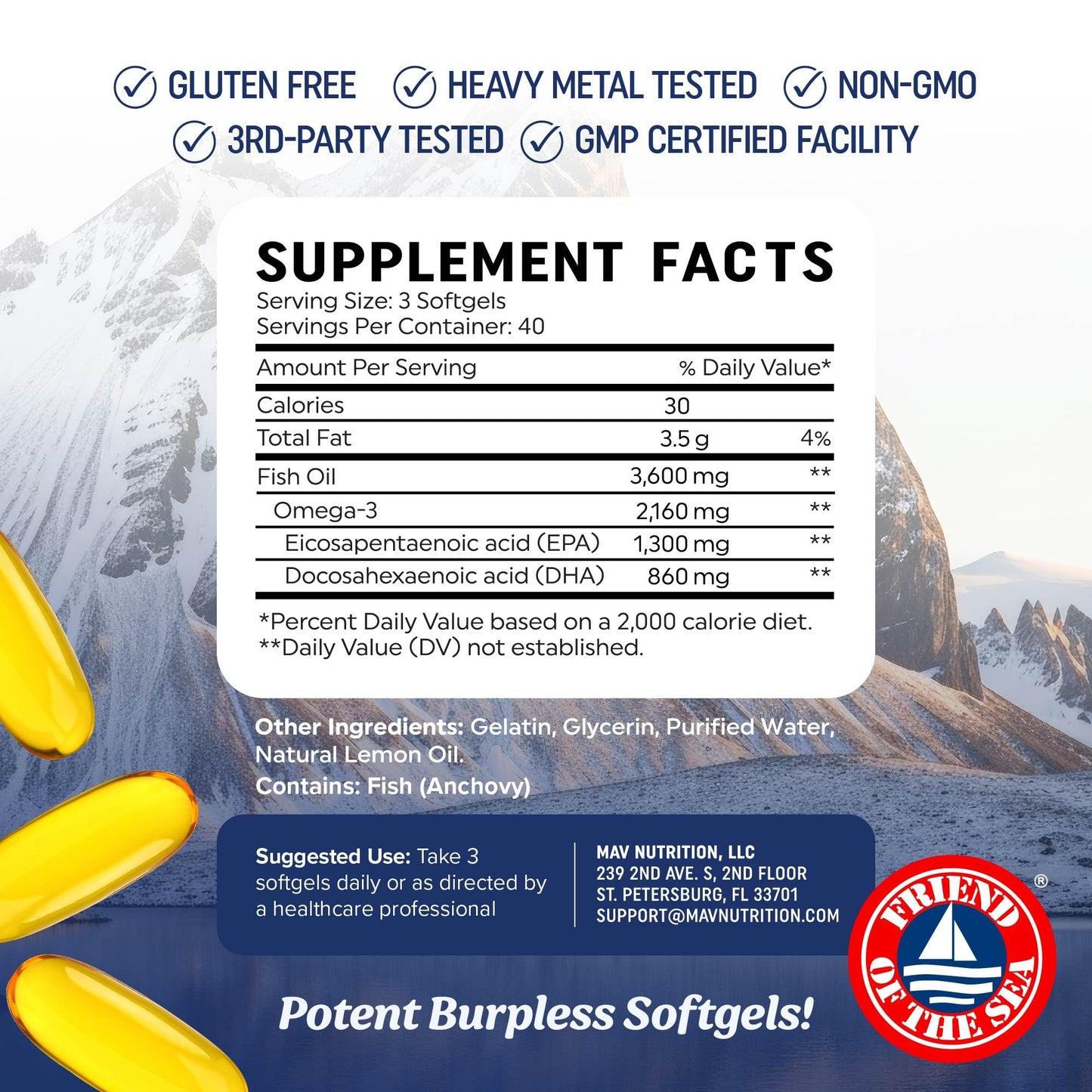 Triple Strength DHA Omega 3 Fish Oil 3600 mg | Over 2100mg Omega-3 Fatty Acids with 860mg of DHA | 1300mg EPA | Best Essential Fatty Acids | Premium Wild Caught & Burpless Fish Oil | 120 ct. MAV NUTRITIONBuy Supplements Australia