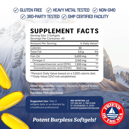 Triple Strength DHA Omega 3 Fish Oil 3600 mg | Over 2100mg Omega-3 Fatty Acids with 860mg of DHA | 1300mg EPA | Best Essential Fatty Acids | Premium Wild Caught & Burpless Fish Oil | 120 ct. MAV NUTRITIONBuy Supplements Australia