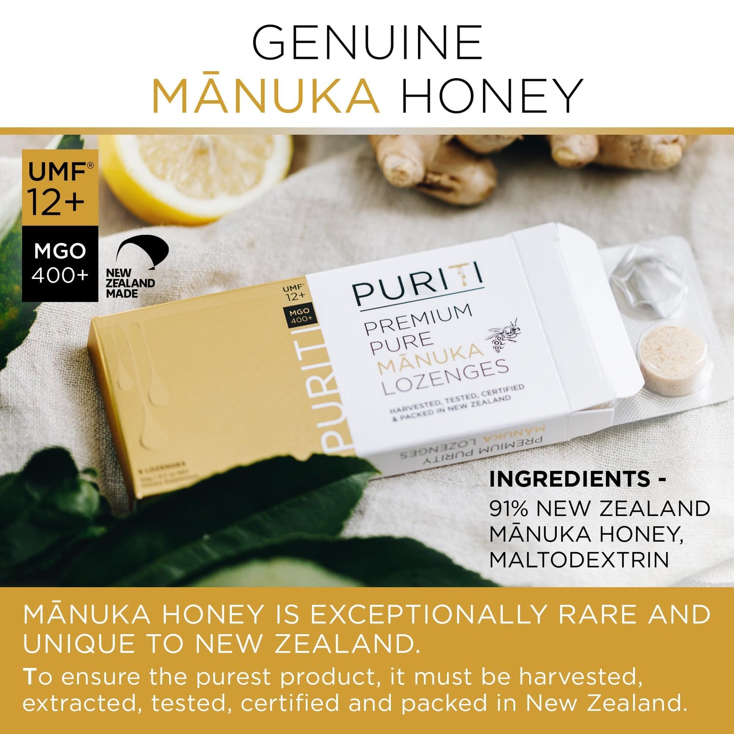 PURITI Premium Manuka Honey Lozenges High Potency - Sugar Free Drops | Genuine New Zealand Raw Manuka Honey Soothers for Coughs & Sore Throats | UMF Certified MGO 400+ UMF12+ (16 Pack)