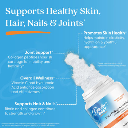 Doctor's BEST Pure Collagen Peptides w/Hyaluronic Acid - Collagen Powder Supplement for Women & Men, Unflavored, 18 g Protein & 90 mg Vitamin C per Serving, Supports Healthy Skin & Hair - 14.8 oz Doctor's BEST buy supplements Au