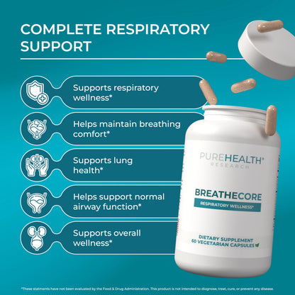 PUREHEALTH RESEARCH BreatheCore - Lung Detox for Smokers - Lung Cleanse & Support Supplement for Women & Men - Ginger Root, Ginkgo Biloba, St Johns Wort, Panax Ginseng & More - 60 Capsules PUREHEALTH RESEARCH buy supplements Au