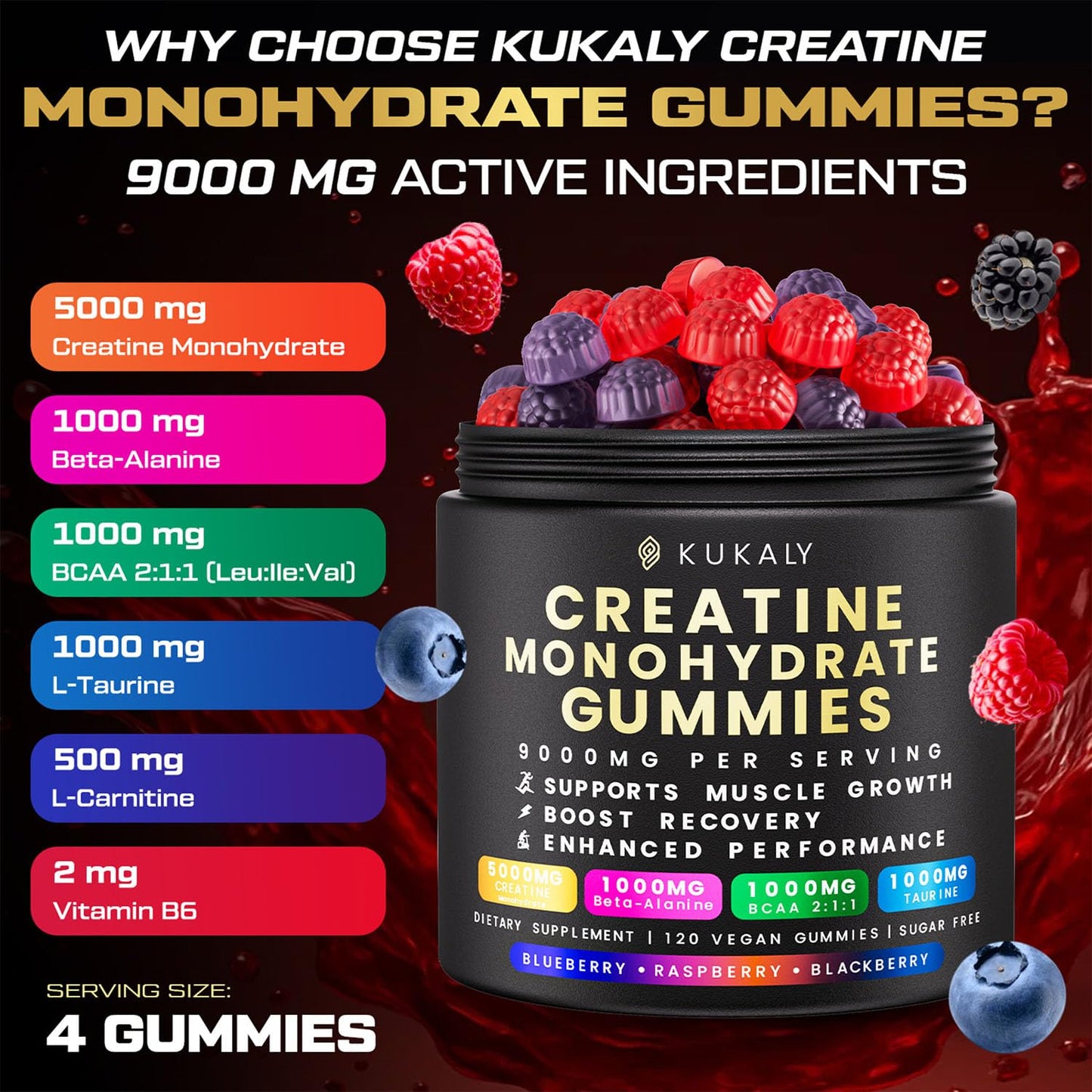 KUKALY Creatine Monohydrate Gummies for Men & Women, 9000MG Creatine Gummies Sugar Free - Mixed Flavored with L-Taurine, BCAA 2:1, B12 B6 for Boost Strength