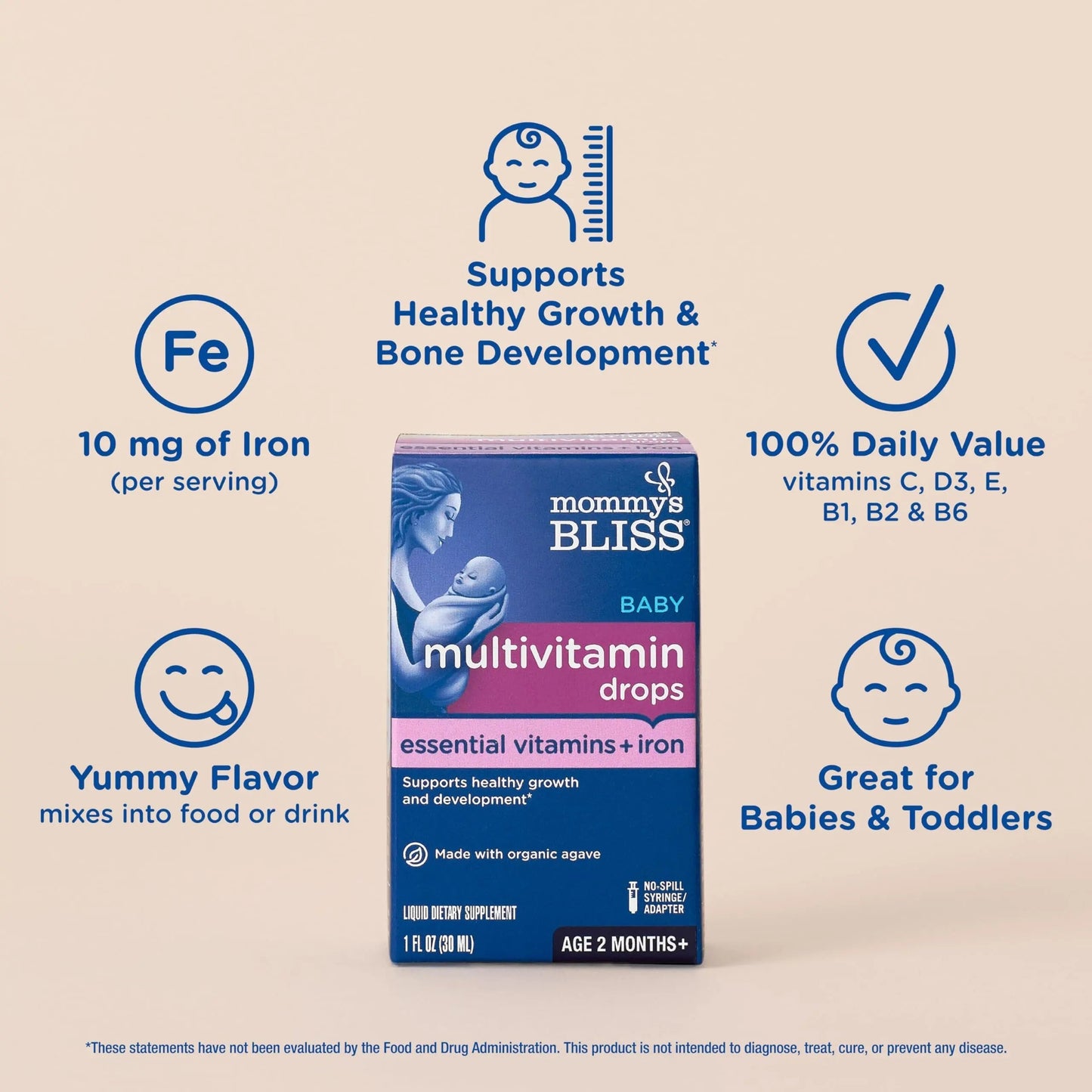 Mommy's Bliss Baby Multivitamin + Iron, Daily Essential Baby Vitamins for Immune Support, Healthy Growth & Bone Development, Age 2 Months+, 30 ml Mommy's Bliss