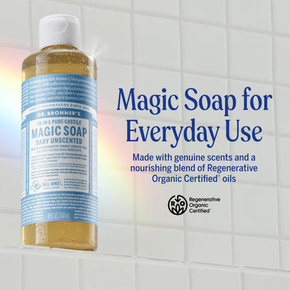 Dr. Bronner's Pure-Castile Magic Liquid Soap (Baby Unscented, 8 Ounce)- Made with Regenerative Organic Certified Oils, For Face