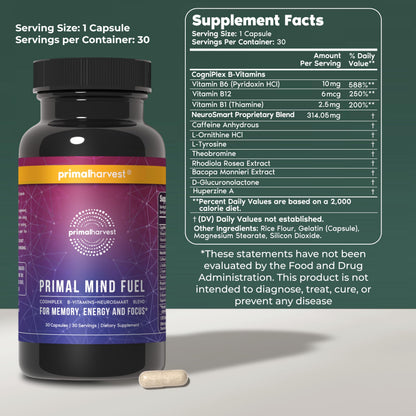 Brain Supplement by Primal Harvest, Primal Mind Fuel Brain Booster for Focus, Energy, Clarity, and Brain Health 30 Capsules Nootropics Brain Support Supplement for Men and Women Primal Harvest buy supplements Au