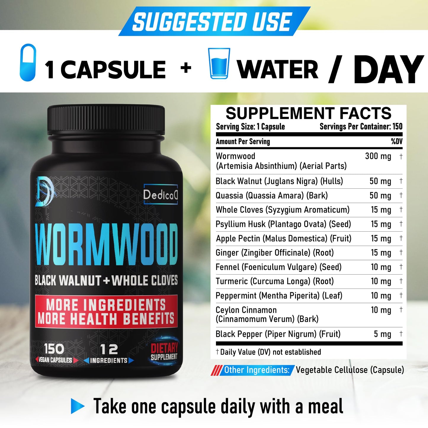 DEDICAD Premium Wormwood Extract Capsules - 5 Month Supply for Immune - 12 Herbs Blended with Black Walnut Leaves, Ginger, Turmeric & More - 150 Counts DEDICAD buy supplements Au