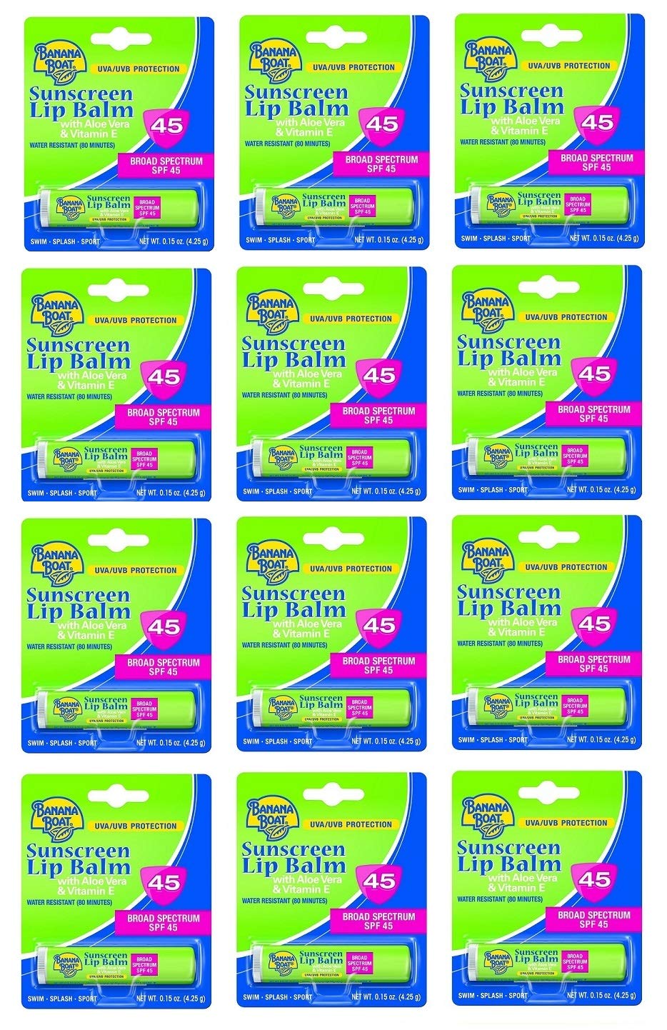 Banana Boat Aloe Vera Lip Balm SPF 45, 0.15 Ounce (12 Pieces)