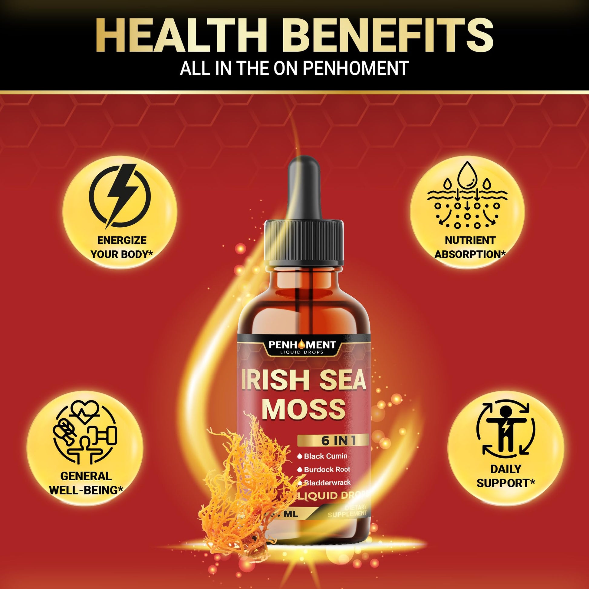 Penhoment 6in1 Sea Moss Drops with Black Seed Oil Irish Seamoss, Ashwagandha, Burdock Root & Bladderwrack - 1FL Oz - 30 Day Supply Penhoment buy supplements Au