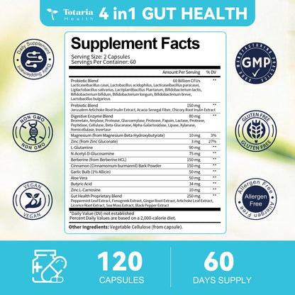 14-in-1 Gut Health with Probiotics, Prebiotics, Postbiotics & Digestive Enzymes for Women & Men, 60 Billion CFU Probiotics for Digestion, Strong Immunity,