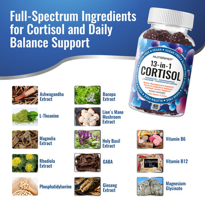 NutraPep Cortisol Gummies for Women Men - 13-in-1 High Cortisol Reducer with Ashwagandha Magnesium L-theanine Rhodiola Rosea - Daily Cortisol Detox Manager for Stress Focus Support - Vegan Sugar Free