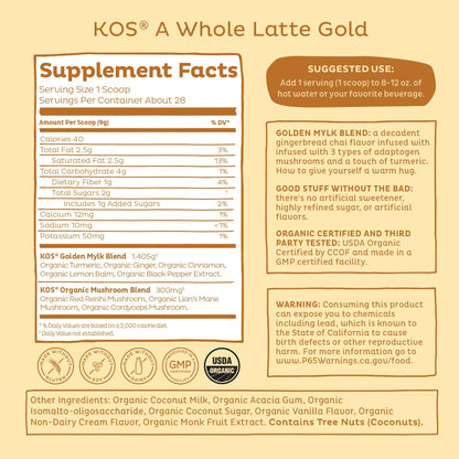 KOS Golden Mylk with Tumeric and Ginger, Organic Superfood Latte Powder, Adaptogen Mushroom Blend - Coffee Creamer, Dessert & Smoothie - Caffeine Free, Vegan, Dairy-Free, Gingerbread Chai, 28 Servings KOS buy supplements Au