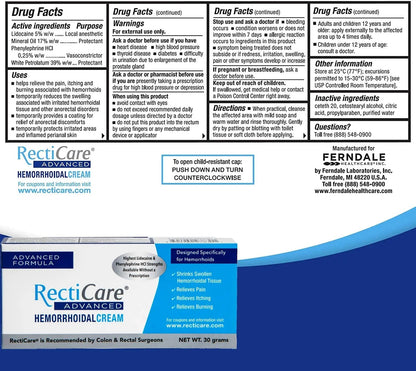 Recticare Advanced Hemorrhoidal Cream: Advanced Treatment to Shrink & Soothe Hemorrhoids - Itch, Pain, Burn Relief - 30g Hemorrhoidal Cream with Lidocaine RecticareBuy Supplements Australia