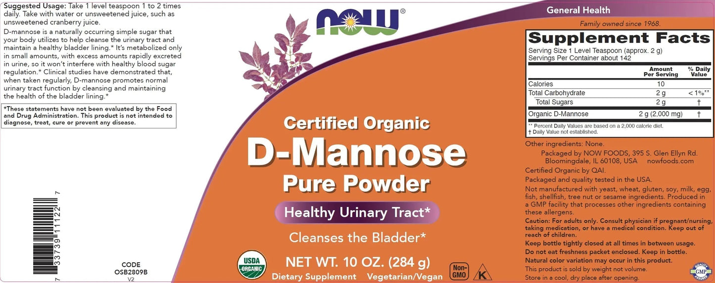 NOW Foods Pure, Organic D-Mannose 10 oz Powder - Bladder Cleanse and Urinary Tract Health Supplement - Non-GMO - Vegan Friendly - 2000mg / 2 Grams per Serving NOW FoodsBuy Supplements Australia