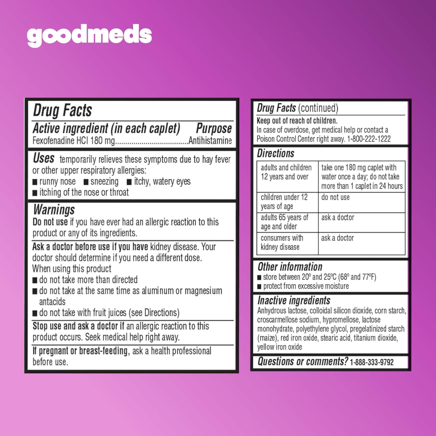 GoodMeds Compare to Allegra | Fexofenadine HCl 180mg | 24-Hour Allergy Relief, Non-Drowsy Antihistamine Generic Medicine for Allergies, Hay Fever, Itchy Eyes | for Kids & Adults (120 Count) GoodMeds buy supplements Au