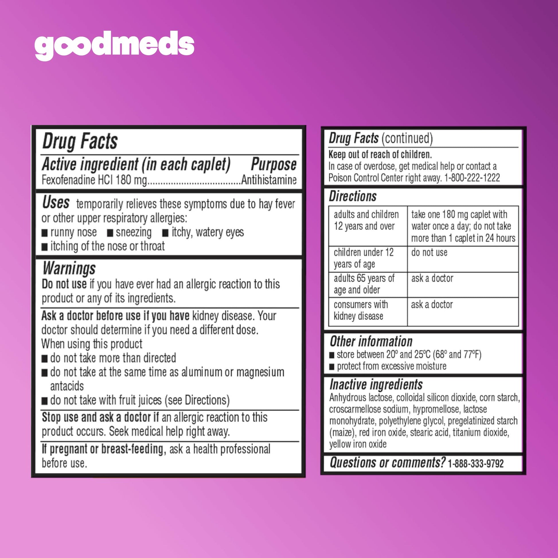 GoodMeds Compare to Allegra | Fexofenadine HCl 180mg | 24-Hour Allergy Relief, Non-Drowsy Antihistamine Generic Medicine for Allergies, Hay Fever, Itchy Eyes | for Kids & Adults (120 Count) GoodMeds buy supplements Au