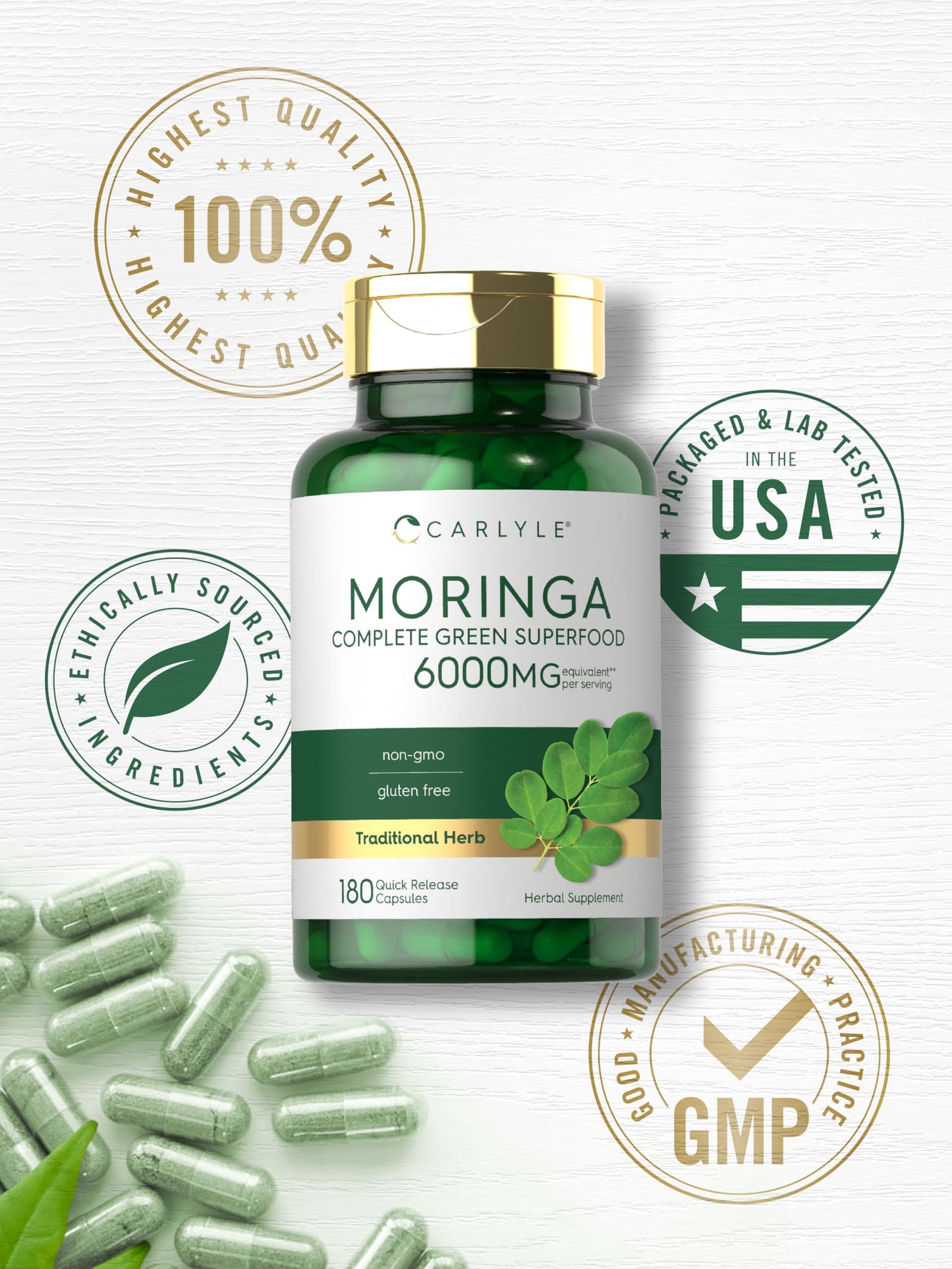 Carlyle Moringa Oleifera Supplement | 180 Capsules | Complete Green Superfood for Women and Men | Non-GMO and Gluten Free | from Moringa Leaf Powder CarlyleBuy Supplements Australia