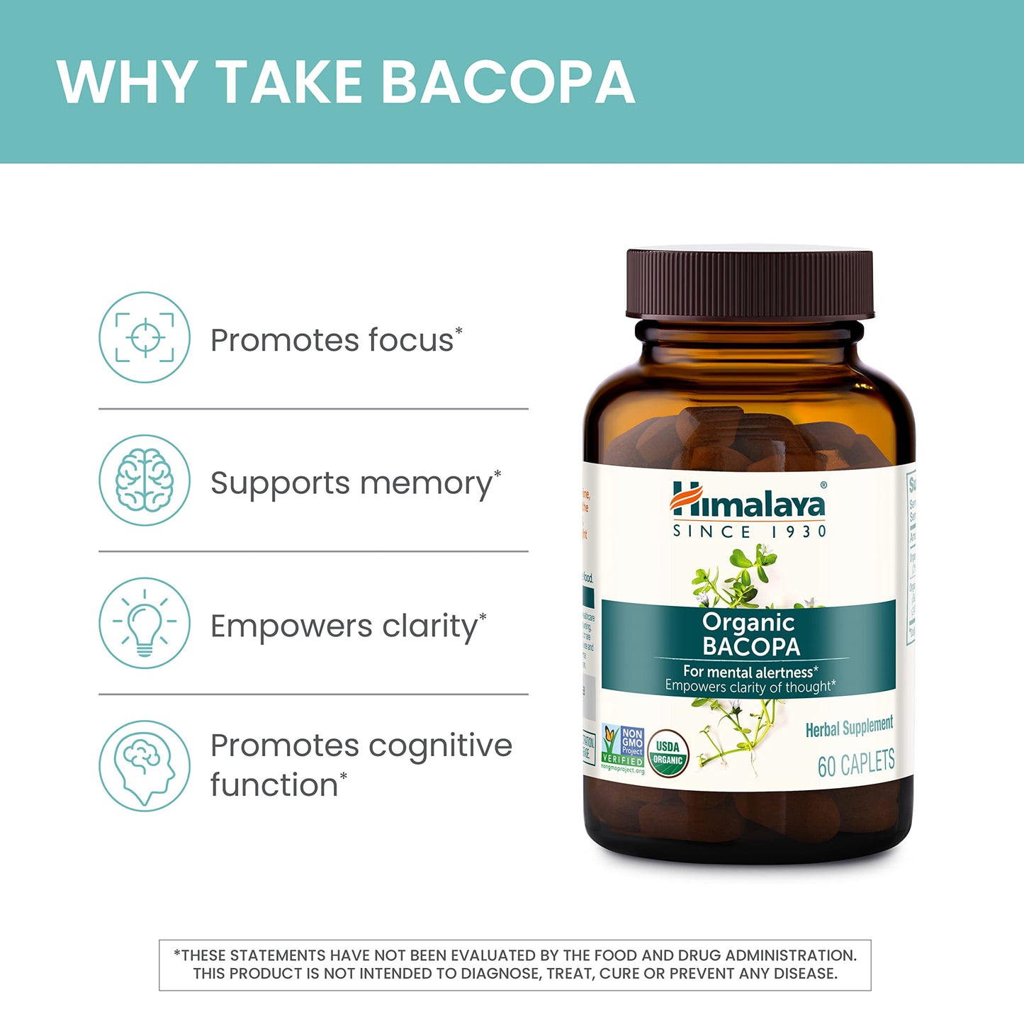 Himalaya Organic Bacopa Monnieri Nootropic Herbal Supplement, Supports Calm, Memory, Cognition, USDA Certified Organic, Non-GMO, 750 mg