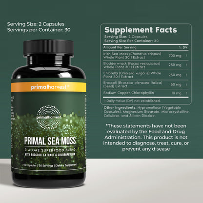 Primal Harvest Sea Moss Capsules with Bladderwack and Irish Sea Moss, Chlorella, Broccoli Seed Extract Plant-Based Supplements for Adults Primal HarvestBuy Supplements Australia