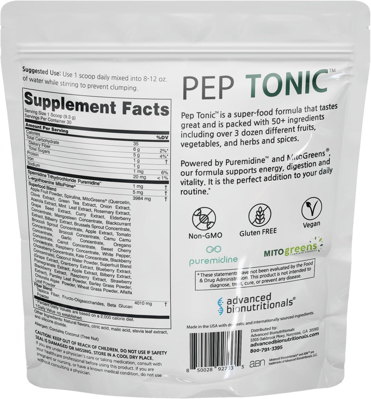 Advanced Bionutritionals Pep Tonic Powdered Superfood Formula 50 Fruits, Vegetables, Herbs, and Superfoods - Vegan, Vegetarian - 9.84 OZ - 279 g