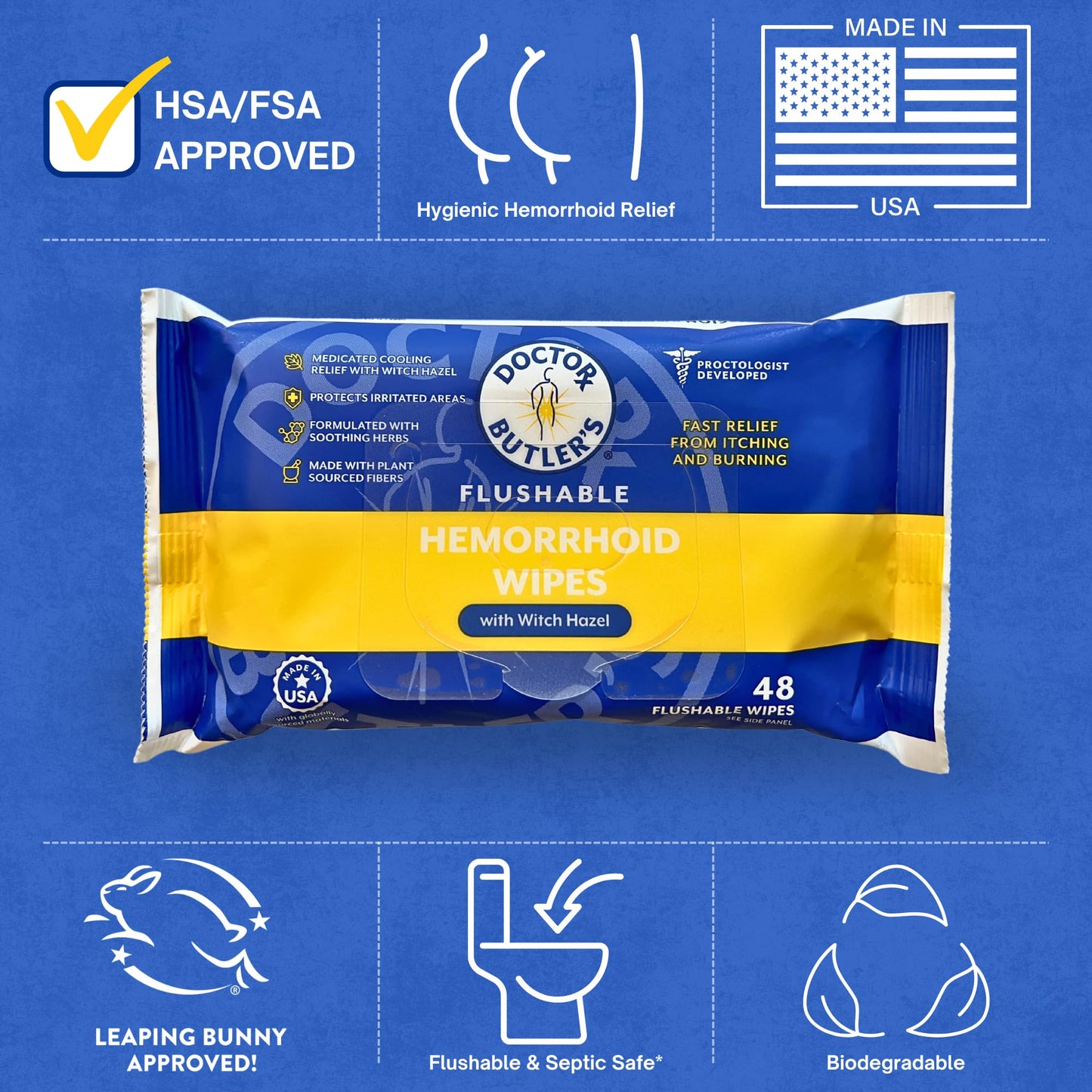 Doctor Butler's Flushable Hemorrhoid Wipes – Flushable Wipes with Witch Hazel to Soothe and Bring Relief from Discomfort Associated with Hemorrhoids (48 Wipes) Doctor Butler'sBuy Supplements Australia