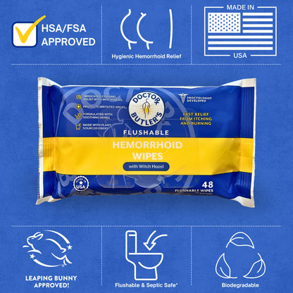 Doctor Butler's Flushable Hemorrhoid Wipes – Flushable Wipes with Witch Hazel to Soothe and Bring Relief from Discomfort Associated with Hemorrhoids (48 Wipes) Doctor Butler'sBuy Supplements Australia