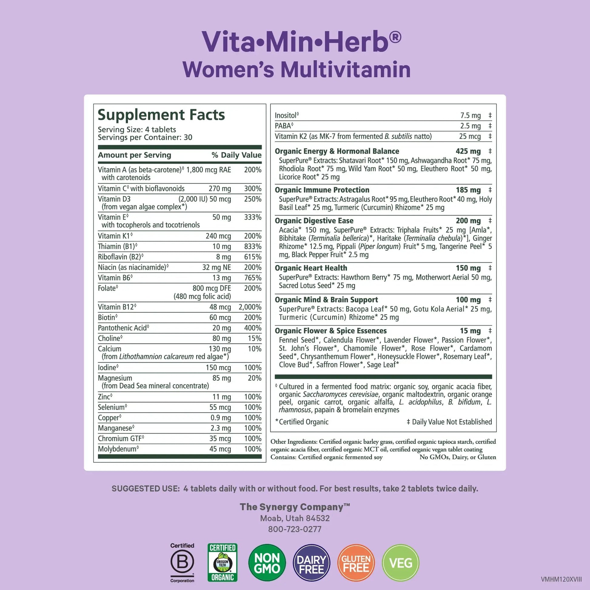 PURE SYNERGY Vita·Min·Herb for Women | Women’s Comprehensive Multivitamin Supplement | Made with Organic Whole Food Non-GMO & Vegan Ingredients | PURE SYNERGY