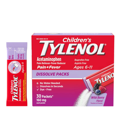 Children's Tylenol Dissolve Packs for Pain Relief, Fever Medication, 160 mg Acetaminophen, Dye Free, Kids' Powder Packets for Cold & Flu Symptom Relief; Wild Berry Flavor, 30 ct.; Pack of 1 TylenolBuy Supplements Australia