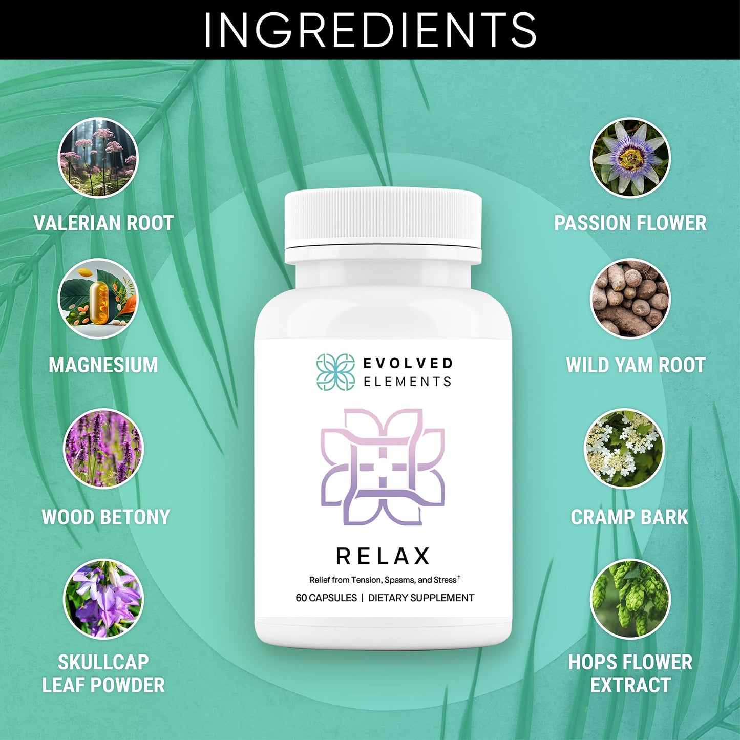 Evolved Elements All-Natural Muscle Relaxer | 60 Capsules | Spasm Relief with Magnesium, Passion Flower, and Valerian Root | Relieves Muscle Spasms, Tension, and Promotes Calmness Evolved ElementsBuy Supplements Australia