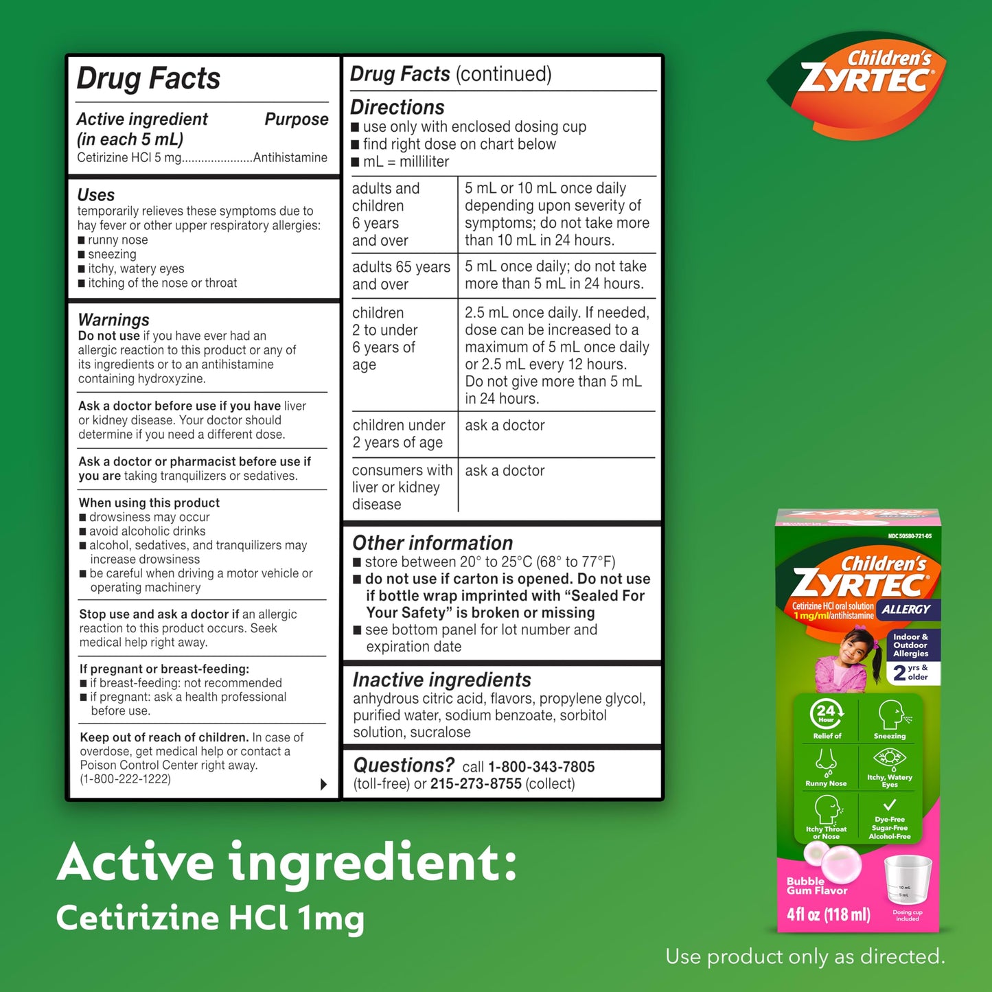 Zyrtec Children's Liquid, Kid's Antihistamine Syrup, Dye-, Sugar-, and Alcohol-Free, Pleasant Bubble Gum Flavor, Contains Cetirizine HCl Suitable for Ages 2 Years and Up, 4 fl oz Bottle Zyrtec buy supplements Au