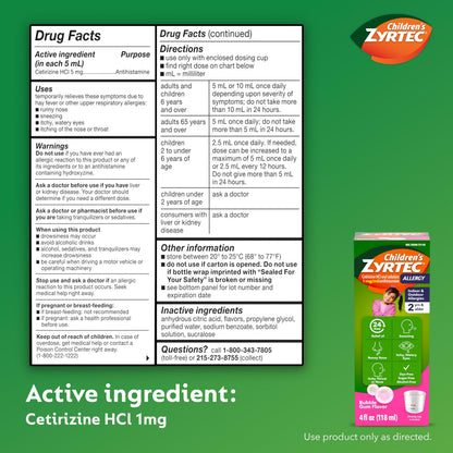 Zyrtec Children's Liquid, Kid's Antihistamine Syrup, Dye-, Sugar-, and Alcohol-Free, Pleasant Bubble Gum Flavor, Contains Cetirizine HCl Suitable for Ages 2 Years and Up, 4 fl oz Bottle Zyrtec buy supplements Au