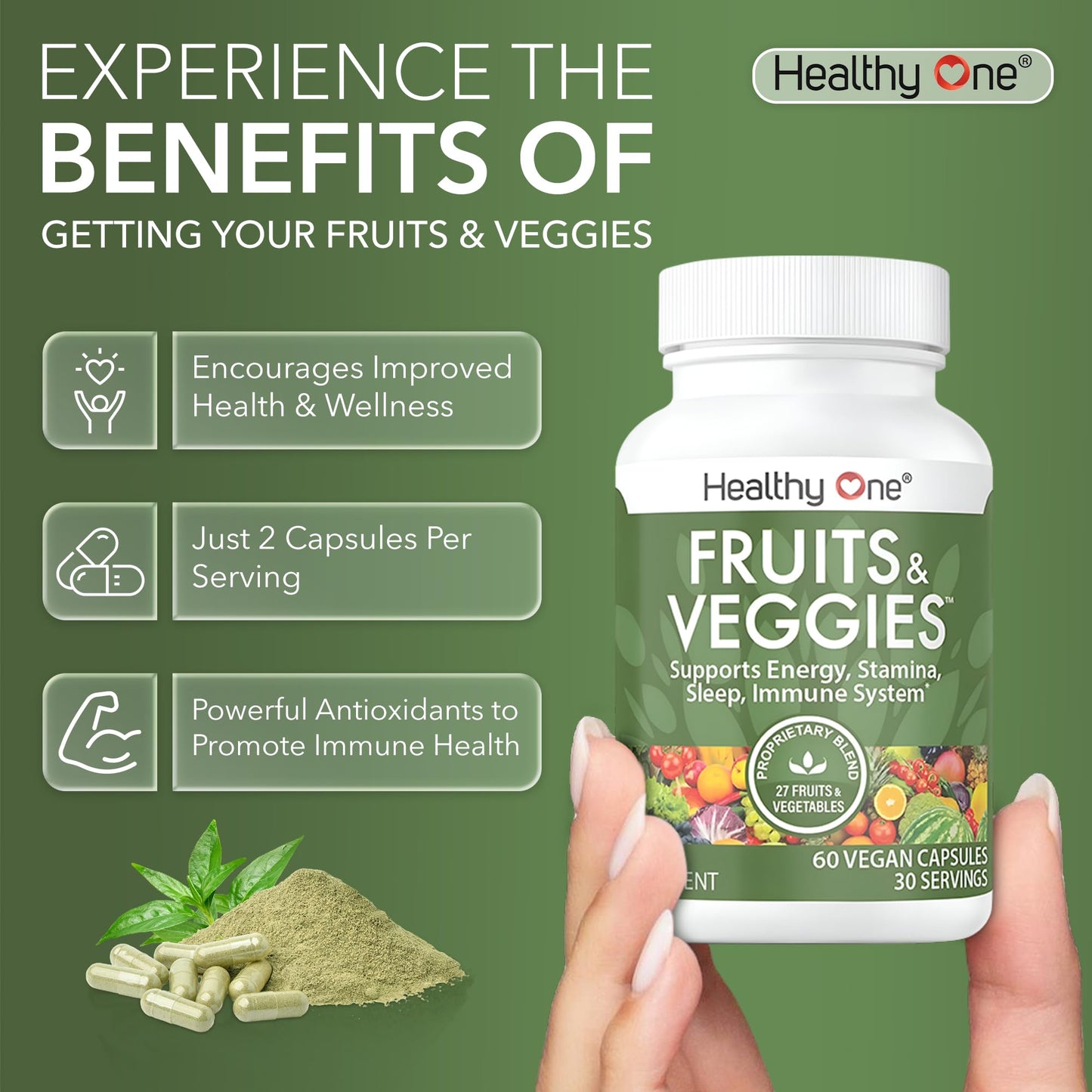 Fruits & Veggies Formula - 27 Premium Whole Foods - Organic Ingredients - Equals 3 Servings of Fruits & Vegetables - Improve Energy, Focus & Immune Function - Fiber - Antioxidants - 120ct (60 Serv) Healthy One buy supplements Au