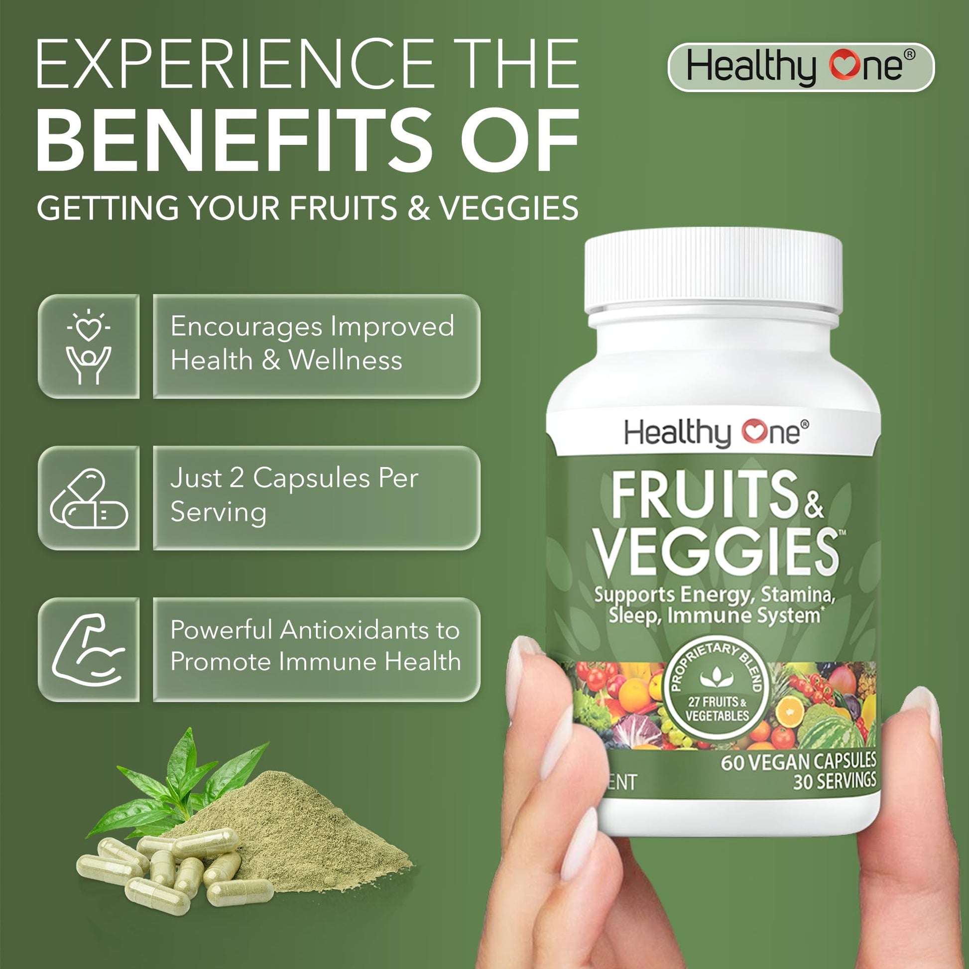 Fruits & Veggies Formula - 27 Premium Whole Foods - Organic Ingredients - Equals 3 Servings of Fruits & Vegetables - Improve Energy, Focus & Immune Function - Fiber - Antioxidants - 120ct (60 Serv) Healthy One buy supplements Au