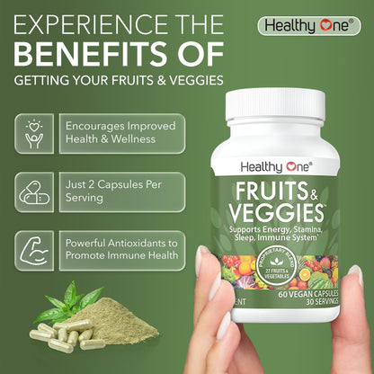 Fruits & Veggies Formula - 27 Premium Whole Foods - Organic Ingredients - Equals 3 Servings of Fruits & Vegetables - Improve Energy, Focus & Immune Function - Fiber - Antioxidants - 120ct (60 Serv) Healthy One buy supplements Au