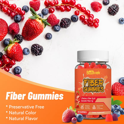 Babivek Fiber Gummies for Women and Men – Dietary Fiber, Gut Health Support, Vegan, Non-GMO, Non-Gluten, Mixed Berry & Strawberry Flavors, 60 Count(Pack of 2)