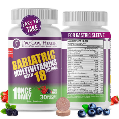 ProCare Health Bariatric Chewable Multivitamin with Iron 18mg (30 Tablets) - Fruit Punch Flavor Bariatric Multivitamin Chewable ProCare Health