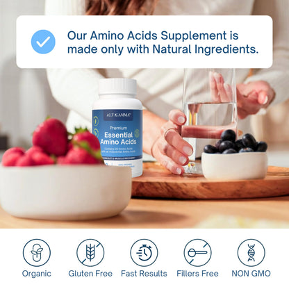 ALTAGAMMA Pure Amino Acids Complex - Protein for Pre/Post Workout, Energy & Muscle Recovery - 9 Essential Amino Acids Supplement (EAA) & BCAAs - Leucine, Lysine, L Tyrosine, L Arginine, 60 Capsules ALTAGAMMA buy supplements Au