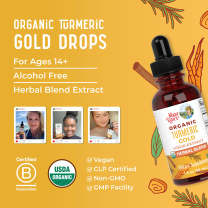 MARYRUTH'S Organics USDA Turmeric Gold Liquid Drops | Herbal Blend | Turmeric Curcumin | Black Pepper | Cassia Cinnamon Bark | Ginger Root | Immune Support