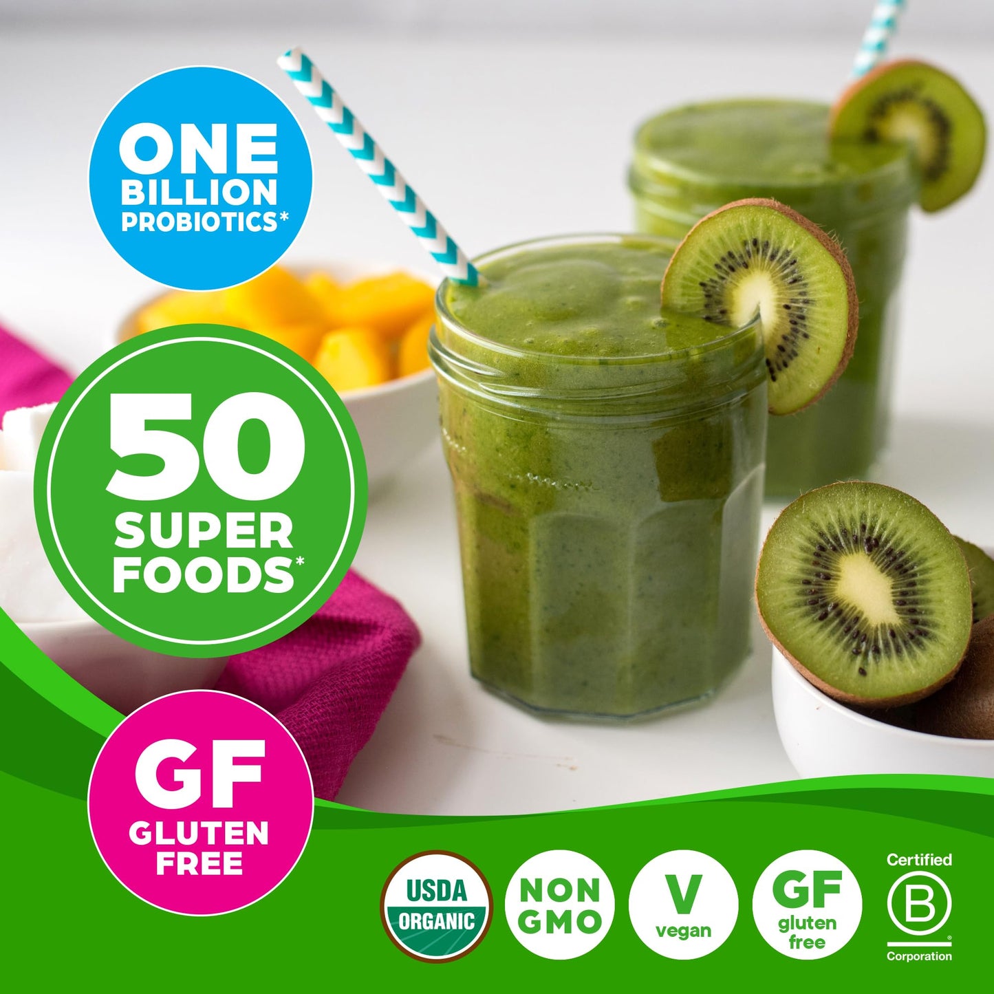 Orgain Organic Greens Powder + 50 Superfoods, Original - 1 Billion Probiotics for Digestive Health, Antioxidants, Vegan, Plant-Based, Gluten-Free, Non-GMO
