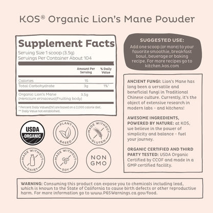 KOS Organic Lion's Mane Powder - Natural Nootropic Superfood - Vegan Functional Mushroom, Plant Based, USDA Certified, Non-GMO, Soy & Gluten-Free - 104 Servings KOS buy supplements Au