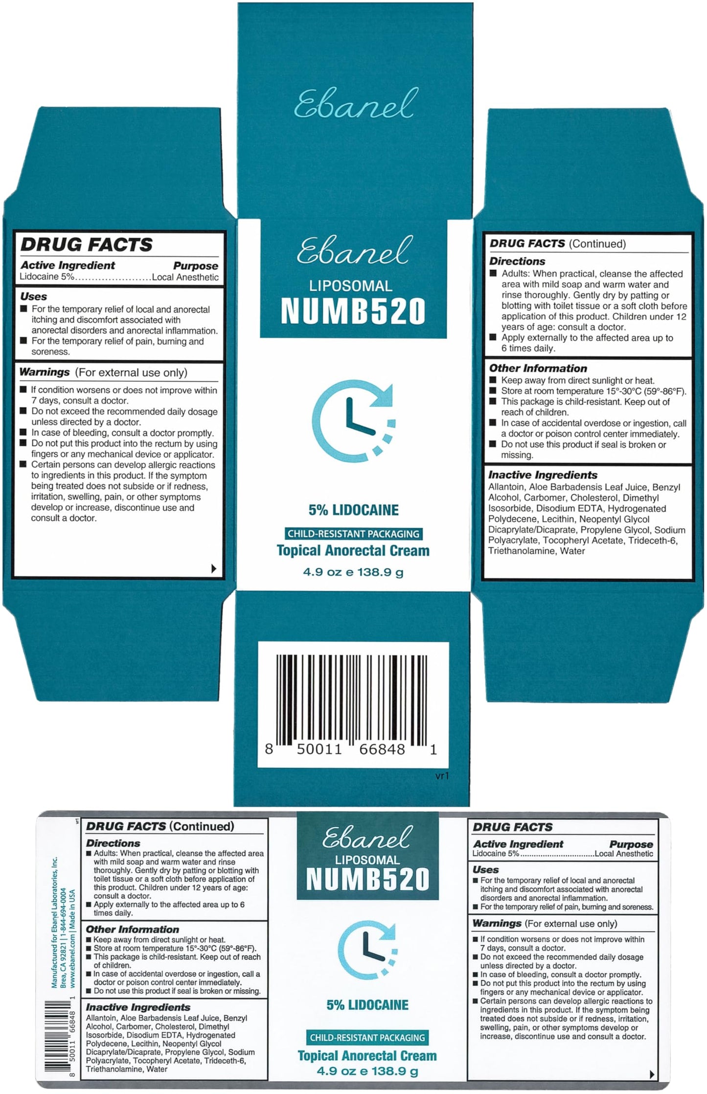 Ebanel 5% Lidocaine Numbing Cream, Pain Relief Burn Itch Cream, Maximum Strength Topical Anesthetic with Allantoin, Vitamin E for Local and Anorectal Uses, Hemorrhoid Treatment, 4.9 Oz