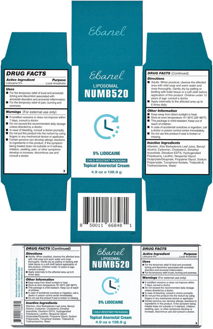Ebanel 5% Lidocaine Numbing Cream, Pain Relief Burn Itch Cream, Maximum Strength Topical Anesthetic with Allantoin, Vitamin E for Local and Anorectal Uses, Hemorrhoid Treatment, 4.9 Oz