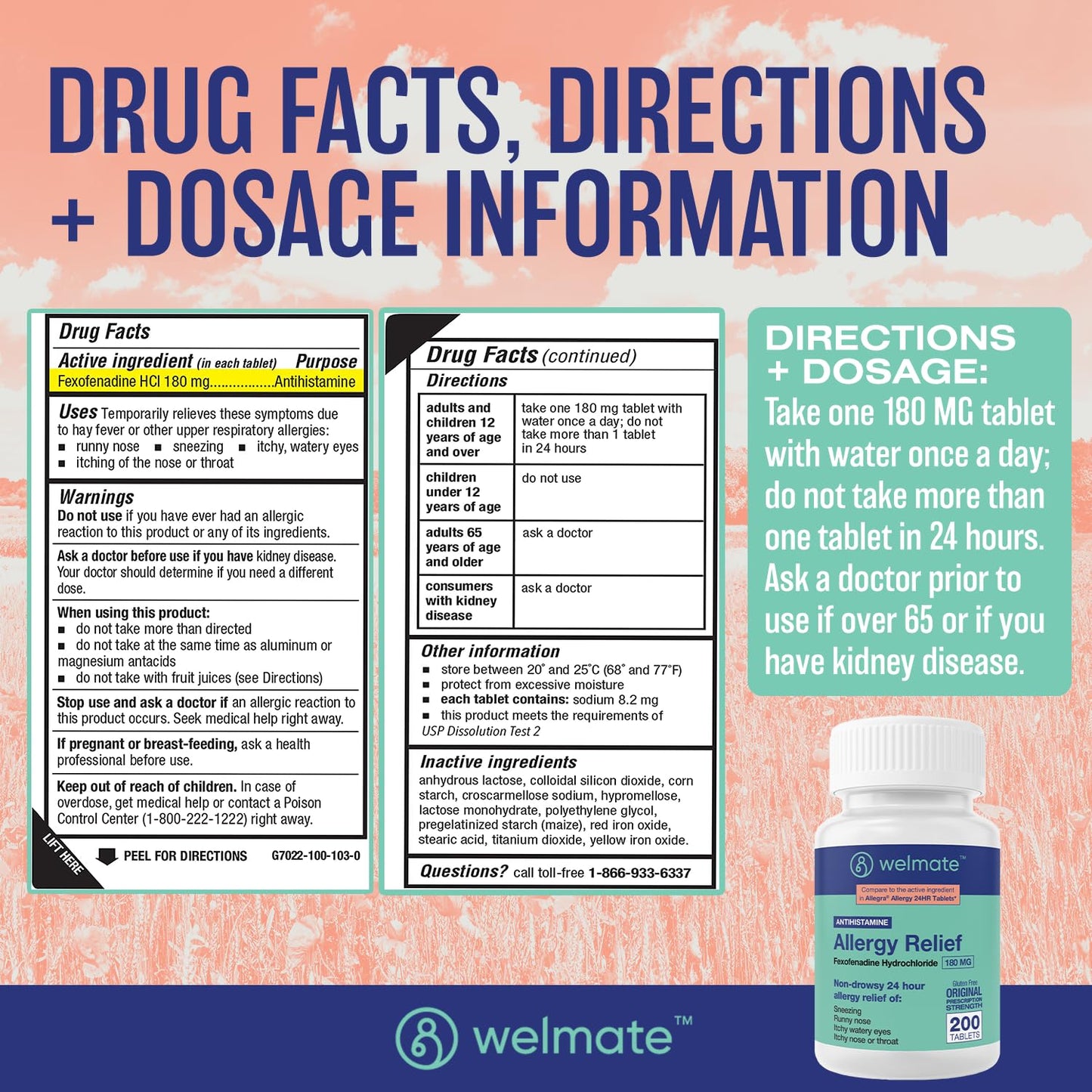 WELMATE | Allergy Relief | Fexofenadine HCl 180 mg | 24 Hour Non-Drowsy Antihistamine | Sneezing | Runny Nose | Itchy Eyes, Nose & Throat | Indoor & Outdoor Allergy Relief Tablets | 200 Count WELMATE buy supplements Au