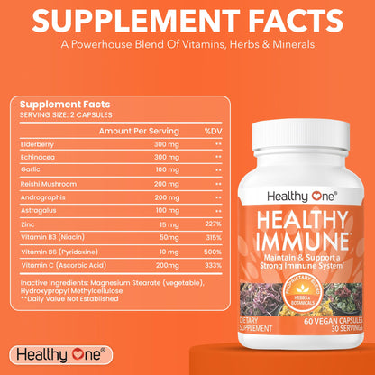 Healthy Immune - 10 in 1 Formula - Cold & Flu Virus - Sick & Illness - Covid - Elderberry - Echinacea - Vitamin C - Zinc - Garlic - Reishi - Andrographis - Astragulus - Antioxidants - Immunity - 120ct Healthy One buy supplements Au