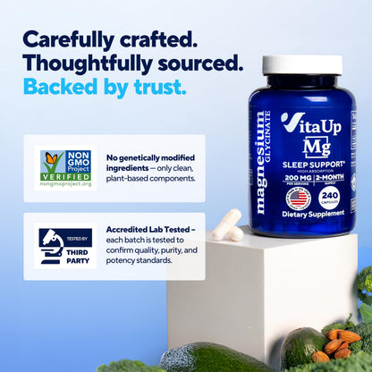 VitaUp Magnesium Glycinate 200mg - USA Made, Highly Absorbed, Non-GMO Magnesium for Relaxation, Deep Sleep, Bones & Heart - 200mg per Serving, 120 Vegan Capsules VitaUpBuy Supplements Australia