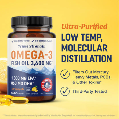 Triple Strength DHA Omega 3 Fish Oil 3600 mg | Over 2100mg Omega-3 Fatty Acids with 860mg of DHA | 1300mg EPA | Best Essential Fatty Acids | Premium Wild Caught & Burpless Fish Oil | 120 ct. MAV NUTRITIONBuy Supplements Australia