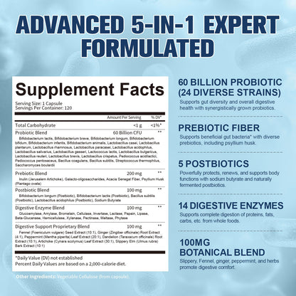 Totaria 5-in-1 Probiotic Prebiotic & Postbiotic for Women Men, 60 Billion CFU 24 Strains w/Digestive Enzymes, Prebiotic Fiber, Slippery Elm
